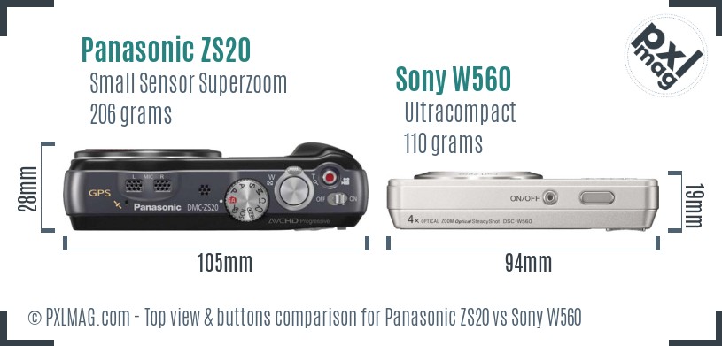 Panasonic ZS20 vs Sony W560 top view buttons comparison