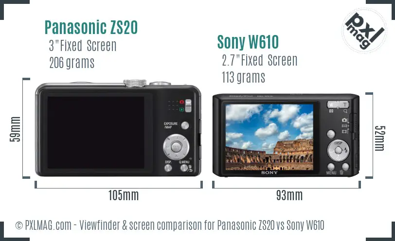 Panasonic ZS20 vs Sony W610 Screen and Viewfinder comparison