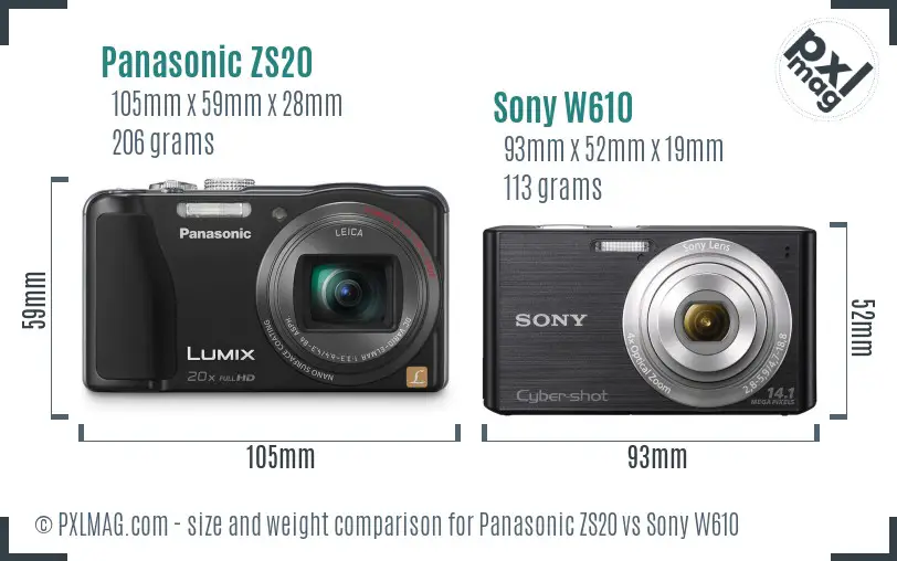 Panasonic ZS20 vs Sony W610 size comparison