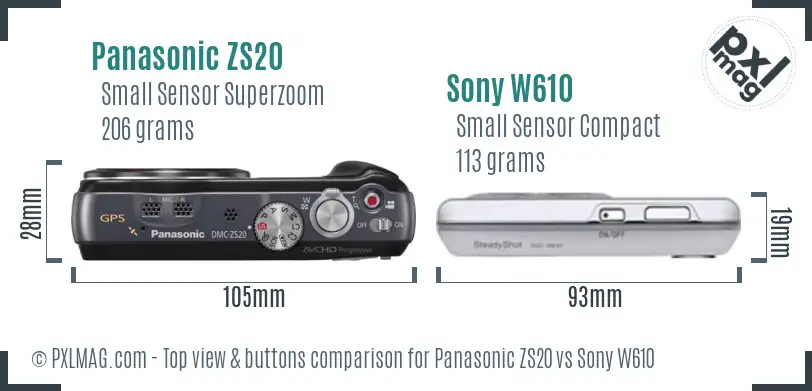 Panasonic ZS20 vs Sony W610 top view buttons comparison