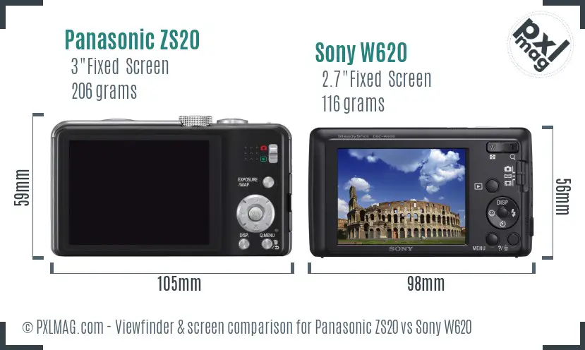 Panasonic ZS20 vs Sony W620 Screen and Viewfinder comparison