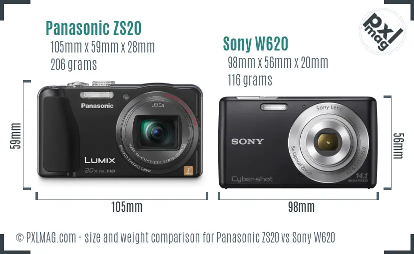 Panasonic ZS20 vs Sony W620 size comparison