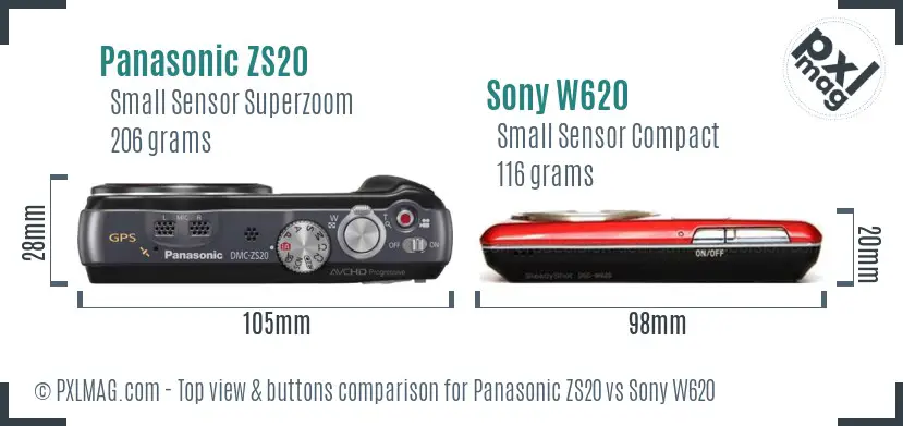 Panasonic ZS20 vs Sony W620 top view buttons comparison