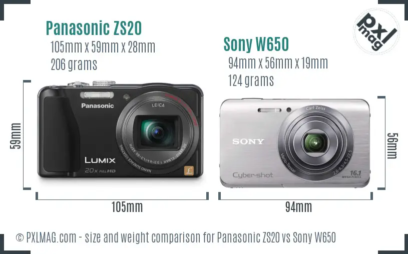 Panasonic ZS20 vs Sony W650 size comparison