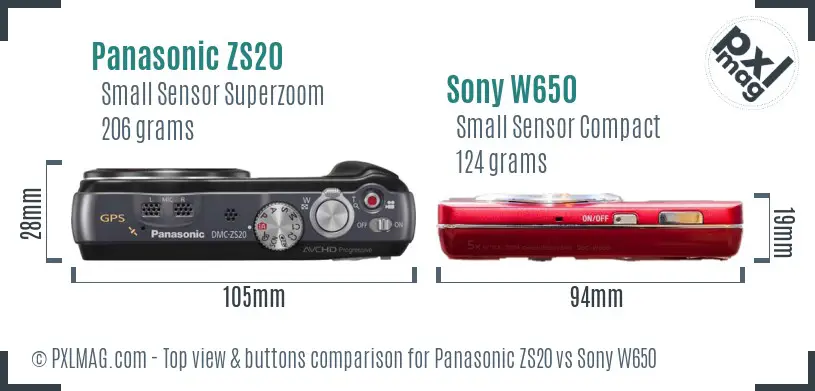 Panasonic ZS20 vs Sony W650 top view buttons comparison