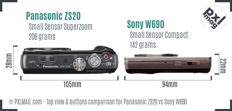 Panasonic ZS20 vs Sony W690 top view buttons comparison Panasonic ZS20 vs Sony W690 top view buttons comparison