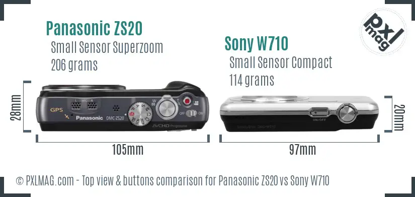 Panasonic ZS20 vs Sony W710 top view buttons comparison