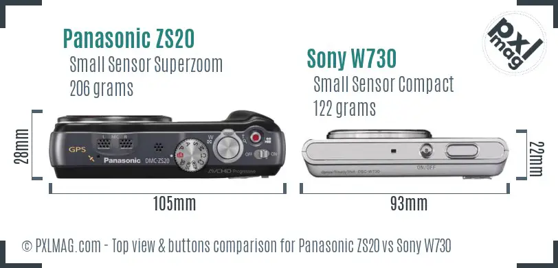 Panasonic ZS20 vs Sony W730 top view buttons comparison Panasonic ZS20 vs Sony W730 top view buttons comparison