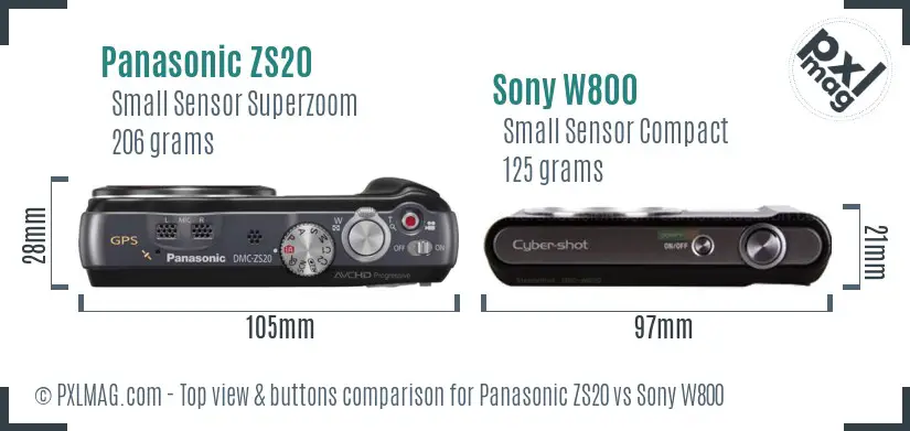 Panasonic ZS20 vs Sony W800 top view buttons comparison Panasonic ZS20 vs Sony W800 top view buttons comparison