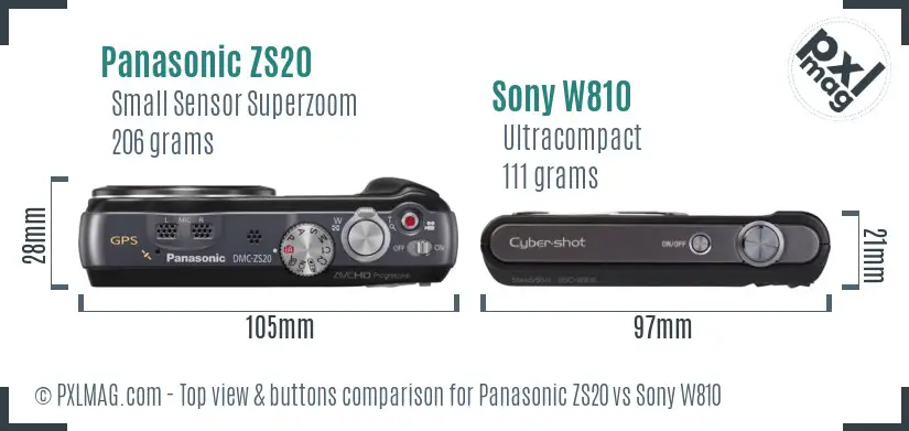 Panasonic ZS20 vs Sony W810 top view buttons comparison