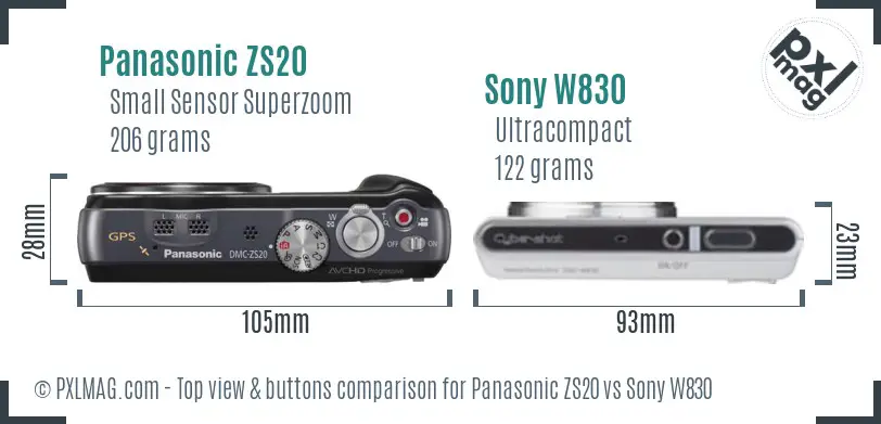 Panasonic ZS20 vs Sony W830 top view buttons comparison Panasonic ZS20 vs Sony W830 top view buttons comparison