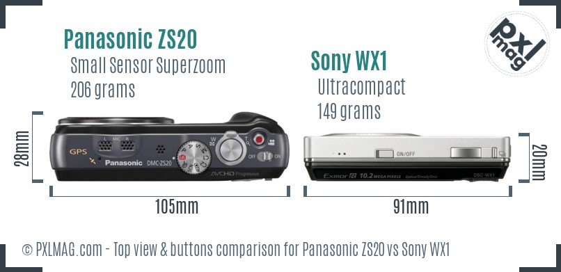Panasonic ZS20 vs Sony WX1 top view buttons comparison