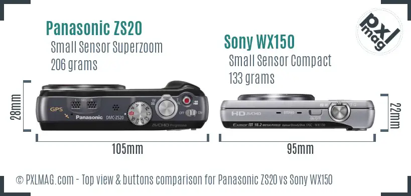 Panasonic ZS20 vs Sony WX150 top view buttons comparison