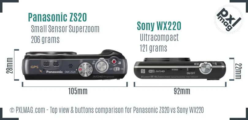 Panasonic ZS20 vs Sony WX220 top view buttons comparison Panasonic ZS20 vs Sony WX220 top view buttons comparison