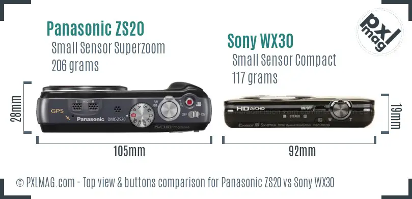 Panasonic ZS20 vs Sony WX30 top view buttons comparison