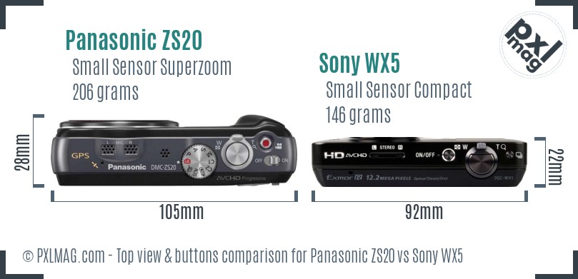 Panasonic ZS20 vs Sony WX5 top view buttons comparison