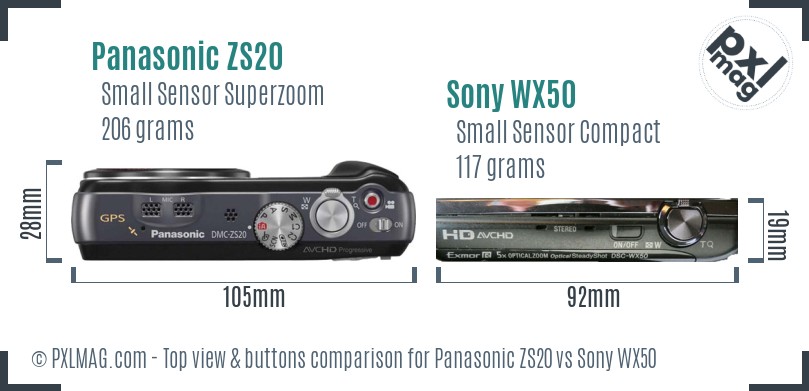 Panasonic ZS20 vs Sony WX50 top view buttons comparison