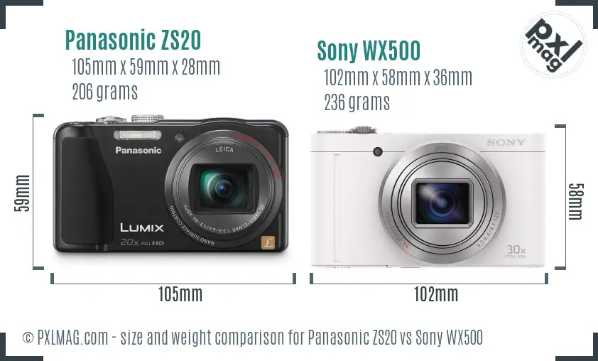 Panasonic ZS20 vs Sony WX500 size comparison