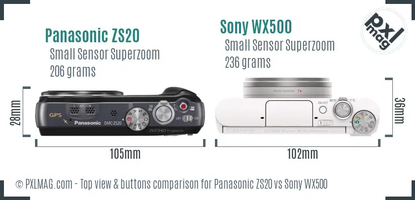 Panasonic ZS20 vs Sony WX500 top view buttons comparison