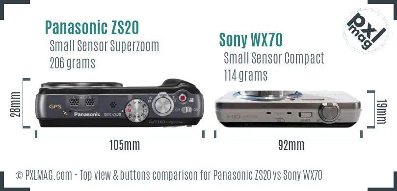 Panasonic ZS20 vs Sony WX70 top view buttons comparison Panasonic ZS20 vs Sony WX70 top view buttons comparison