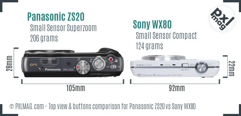Panasonic ZS20 vs Sony WX80 top view buttons comparison Panasonic ZS20 vs Sony WX80 top view buttons comparison