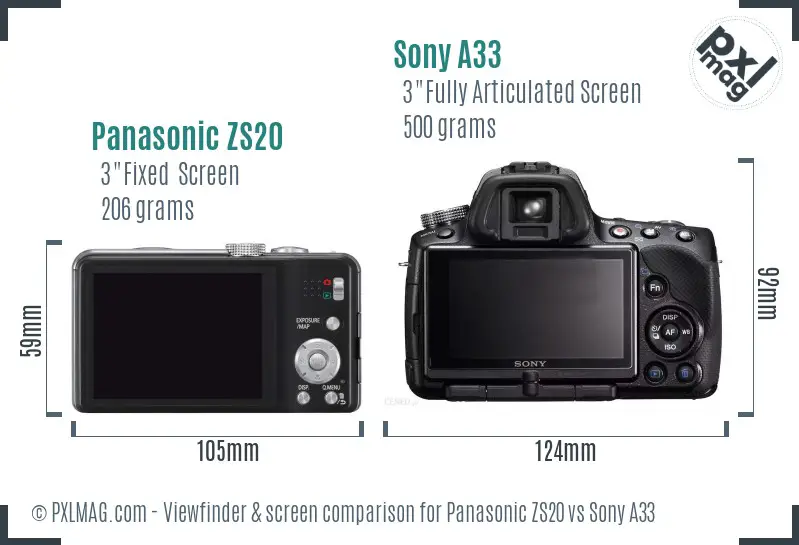 Panasonic ZS20 vs Sony A33 Screen and Viewfinder comparison