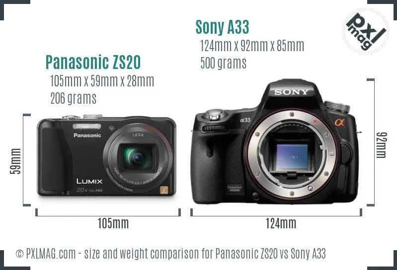 Panasonic ZS20 vs Sony A33 size comparison