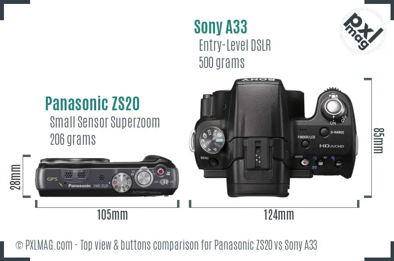 Panasonic ZS20 vs Sony A33 top view buttons comparison