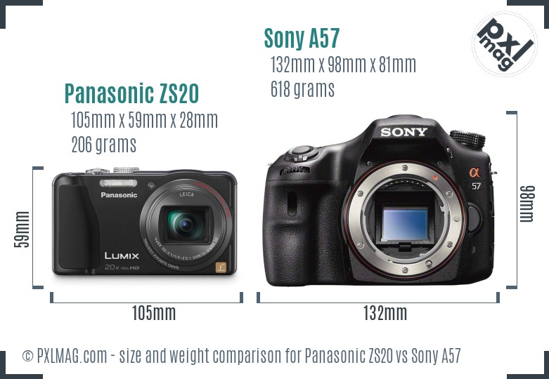 Panasonic ZS20 vs Sony A57 size comparison Panasonic ZS20 vs Sony A57 size comparison
