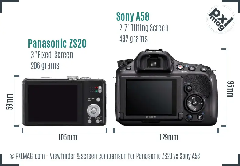 Panasonic ZS20 vs Sony A58 Screen and Viewfinder comparison