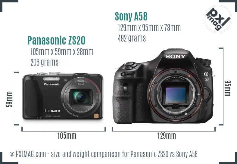 Panasonic ZS20 vs Sony A58 size comparison
