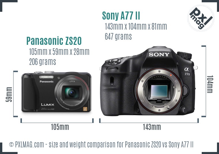 Panasonic ZS20 vs Sony A77 II size comparison