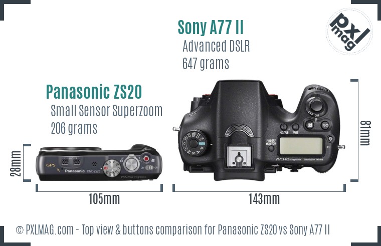 Panasonic ZS20 vs Sony A77 II top view buttons comparison