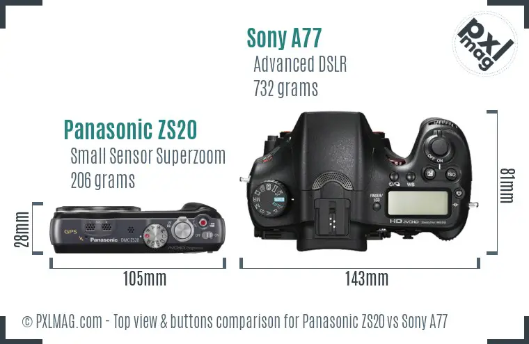 Panasonic ZS20 vs Sony A77 top view buttons comparison