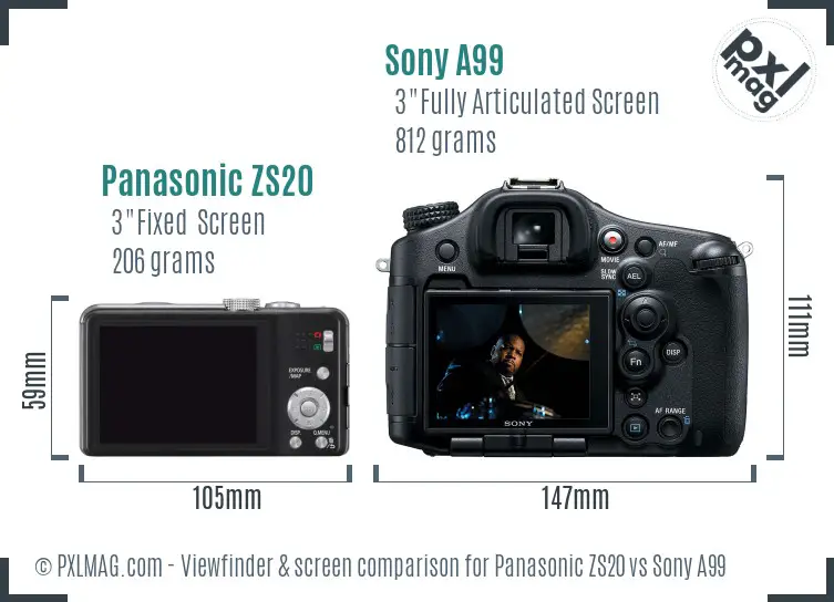 Panasonic ZS20 vs Sony A99 Screen and Viewfinder comparison
