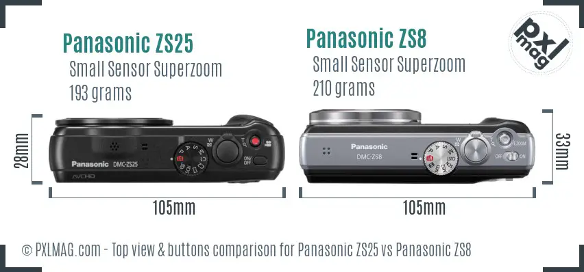 Panasonic ZS25 vs Panasonic ZS8 top view buttons comparison
