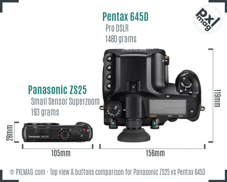 Panasonic ZS25 vs Pentax 645D top view buttons comparison