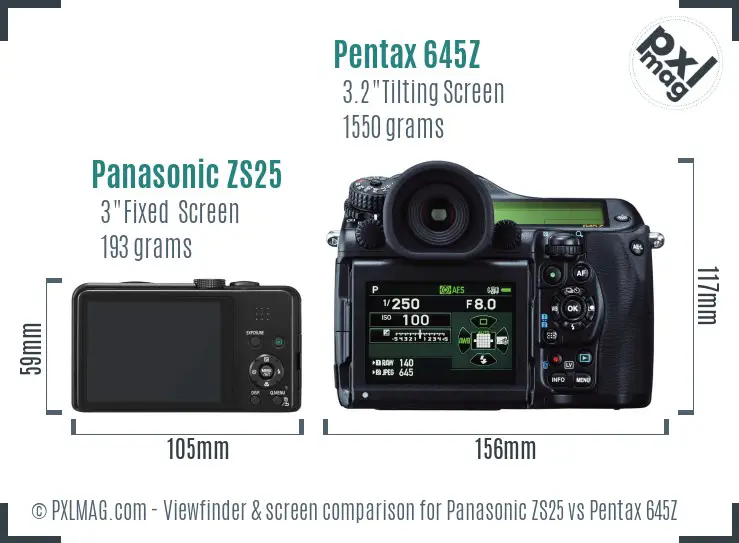 Panasonic ZS25 vs Pentax 645Z Screen and Viewfinder comparison