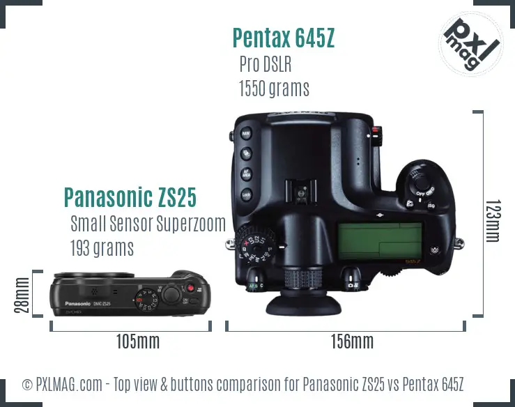 Panasonic ZS25 vs Pentax 645Z top view buttons comparison
