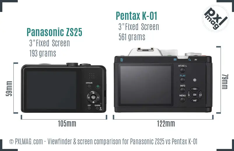 Panasonic ZS25 vs Pentax K-01 Screen and Viewfinder comparison