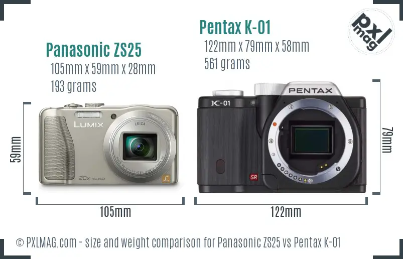 Panasonic ZS25 vs Pentax K-01 size comparison