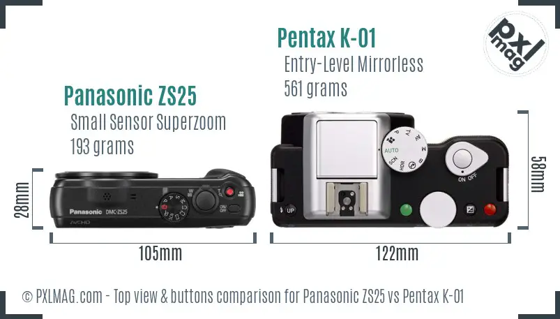 Panasonic ZS25 vs Pentax K-01 top view buttons comparison