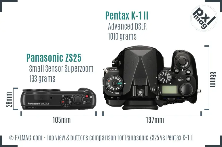 Panasonic ZS25 vs Pentax K-1 II top view buttons comparison