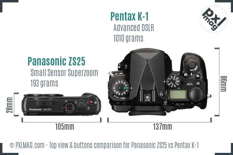 Panasonic ZS25 vs Pentax K-1 top view buttons comparison