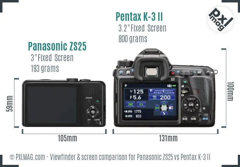 Panasonic ZS25 vs Pentax K-3 II Screen and Viewfinder comparison