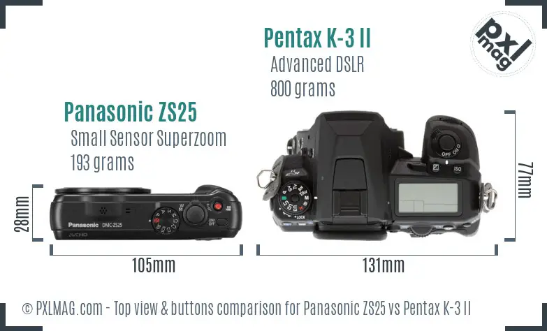 Panasonic ZS25 vs Pentax K-3 II top view buttons comparison