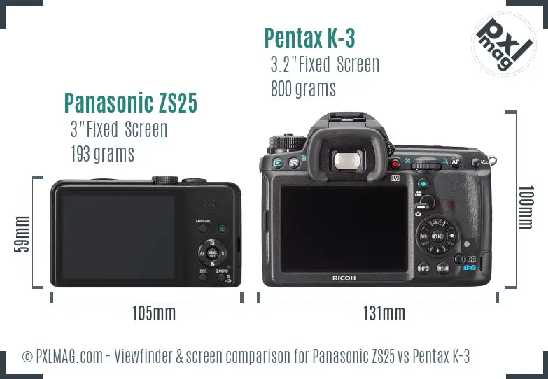 Panasonic ZS25 vs Pentax K-3 Screen and Viewfinder comparison