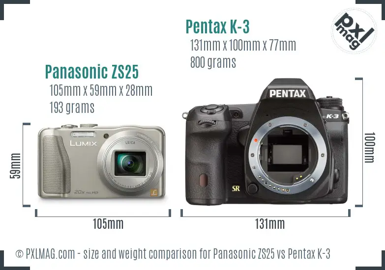 Panasonic ZS25 vs Pentax K-3 size comparison
