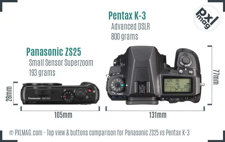 Panasonic ZS25 vs Pentax K-3 top view buttons comparison