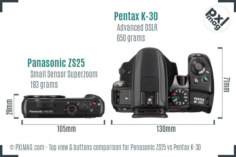 Panasonic ZS25 vs Pentax K-30 top view buttons comparison